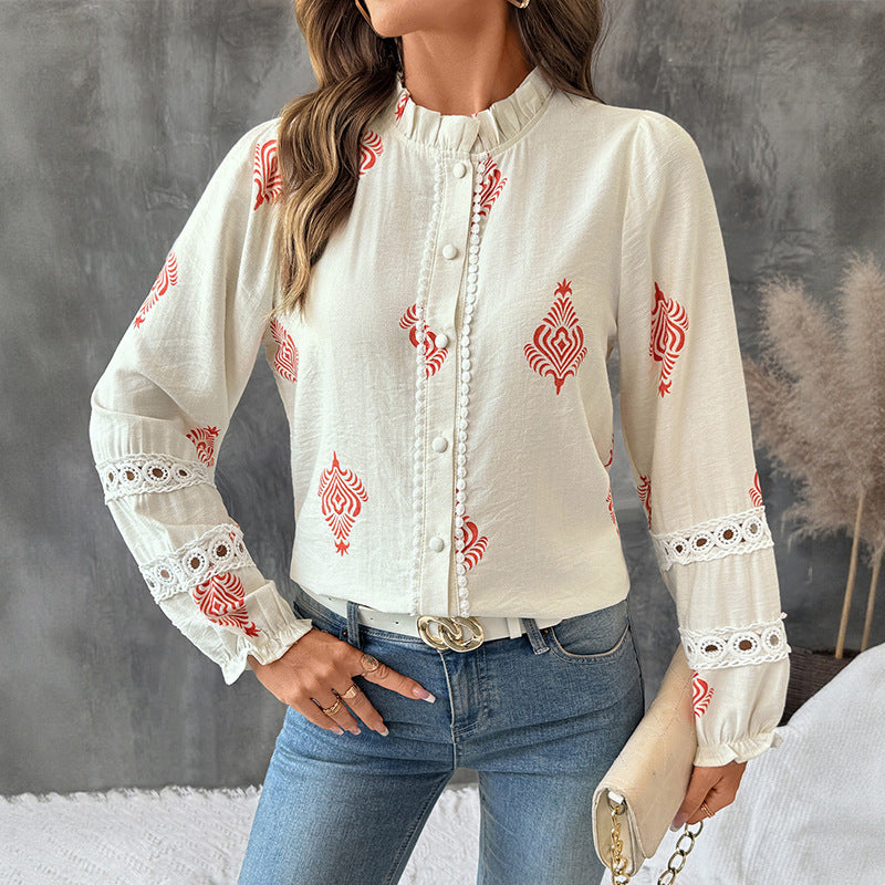 European   2025 new autumn top single-breasted cardigan stand-up collar ethnic style printed shirt women