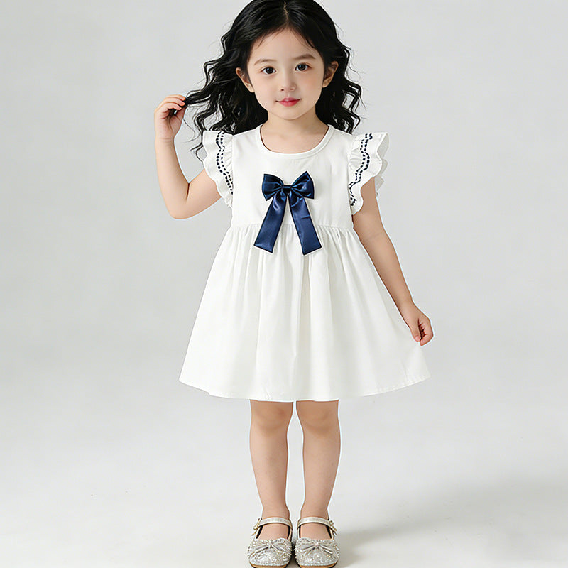 Girls' dress  new summer collection: stylish and chic princess dress for baby girls, featuring bow detail and flutter sleeves