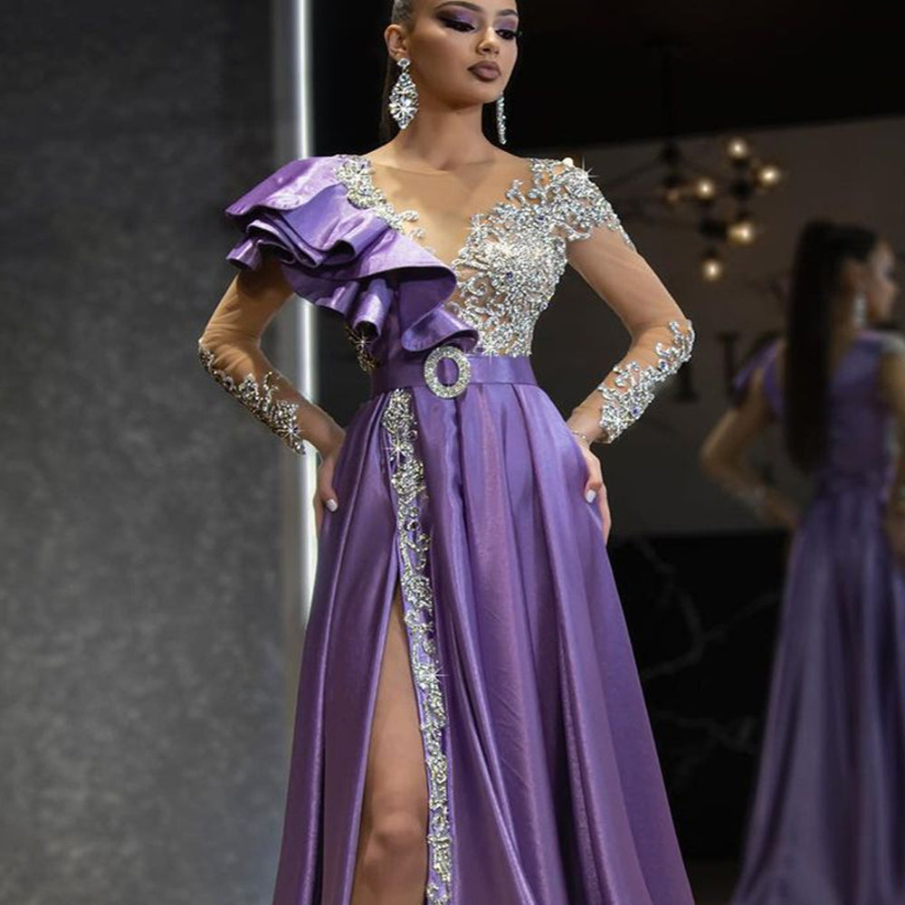 2025 spring new european and american cross-border women's clothing amazon evening gown - women's satin gold-sprayed purple sequin dress