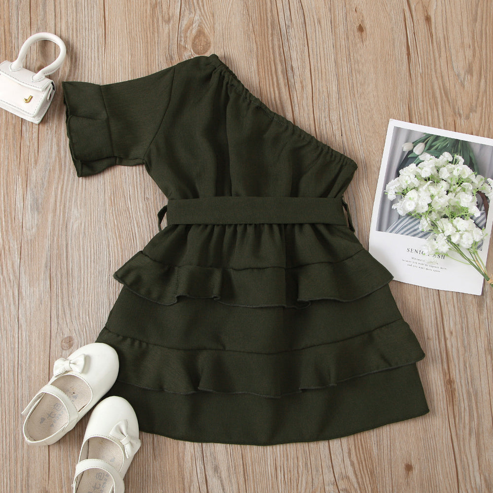Clear! fashion cross-border girl pure color oblique shoulder patchwork multi-layer skirt dress qingqing warehouse style