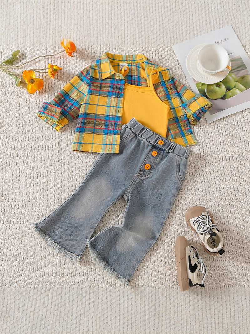 Trendy and playful yellow gingham shirt, jeans, and tank top three-piece set