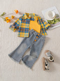 Trendy and playful yellow gingham shirt, jeans, and tank top three-piece set