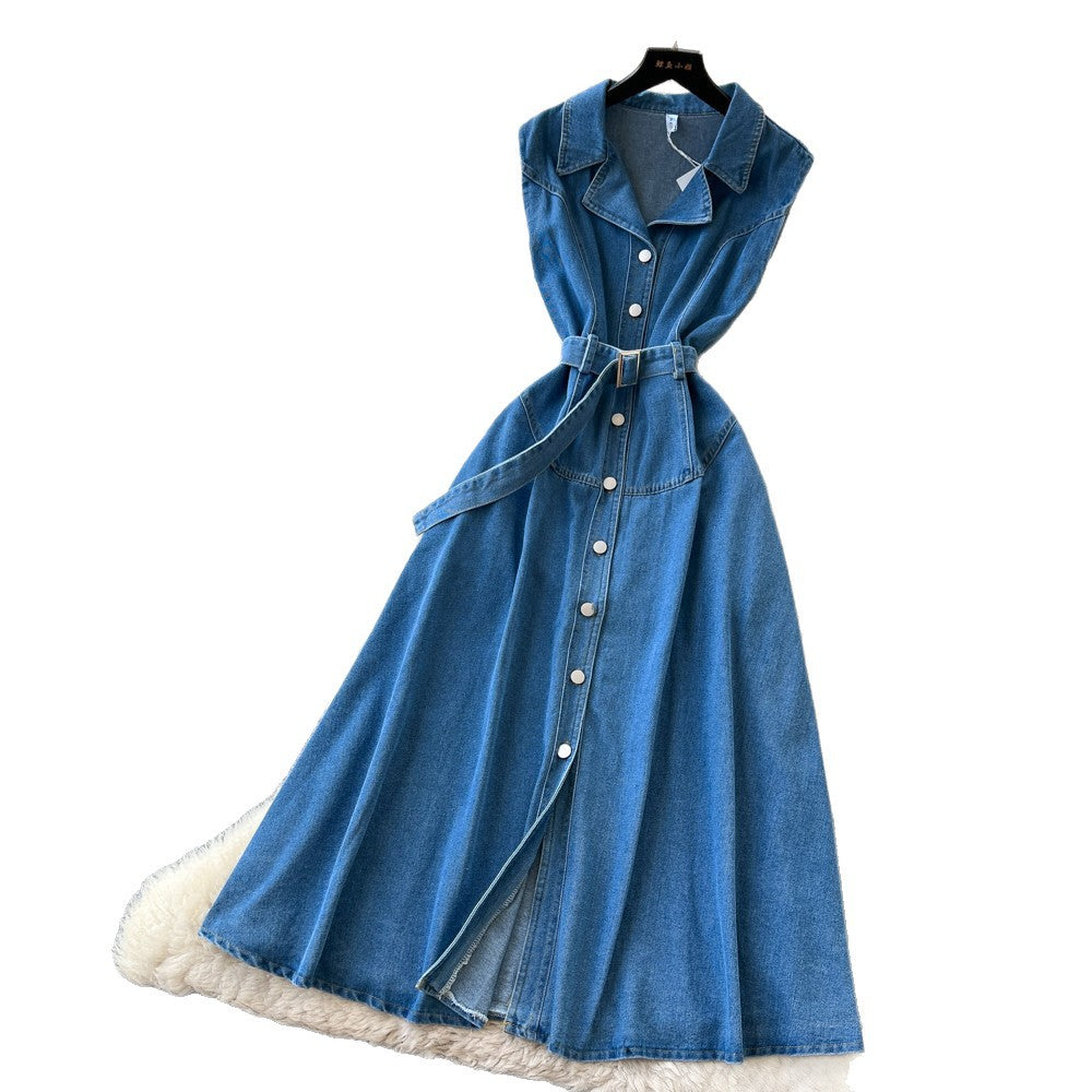 K-styleclassy lapel sleeveless single-breasted waist denim dress women's summerslimming lookeleganceelegance long skirt