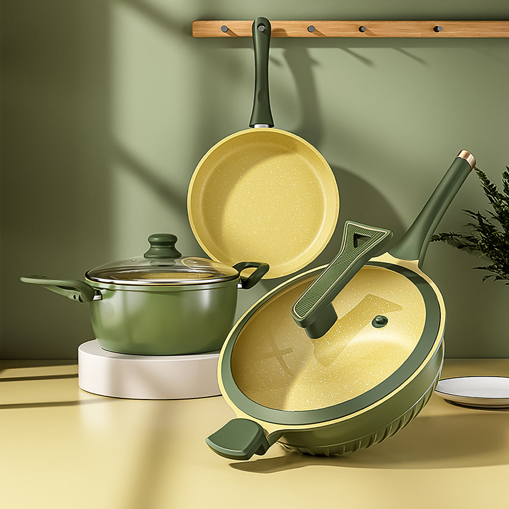 Luxury avocado green non-stick cookware set - perfect for home use. includes a stockpot, frying pan, and induction-compatible cookware. ideal as a gift set