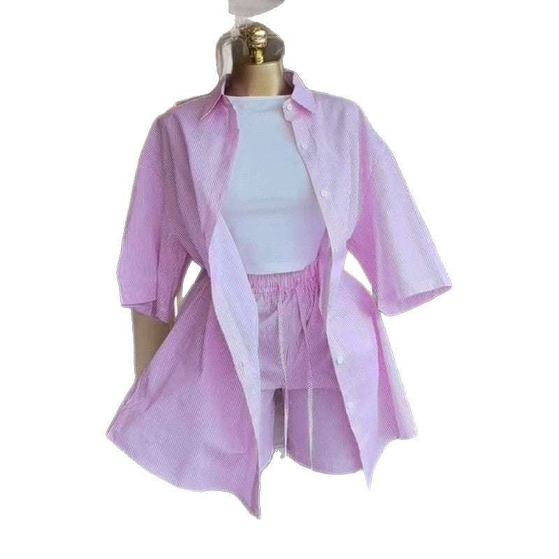 European and american style women's  autumn sweet & fresh turn-down collar striped short-sleeve shirt and high-waisted straight-leg shorts two-piece set