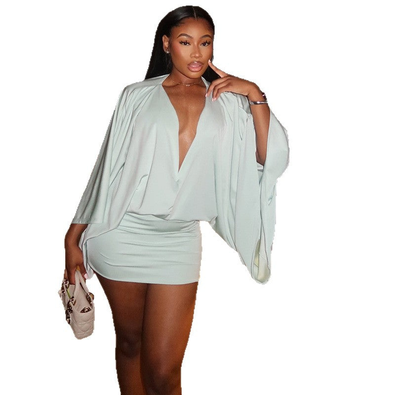 European and american style ins cross-border pure color women's low-cut sexy pleated loose hip skirt v-neck long sleevesshortdress