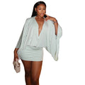 European and american style ins cross-border pure color women's low-cut sexy pleated loose hip skirt v-neck long sleevesshortdress