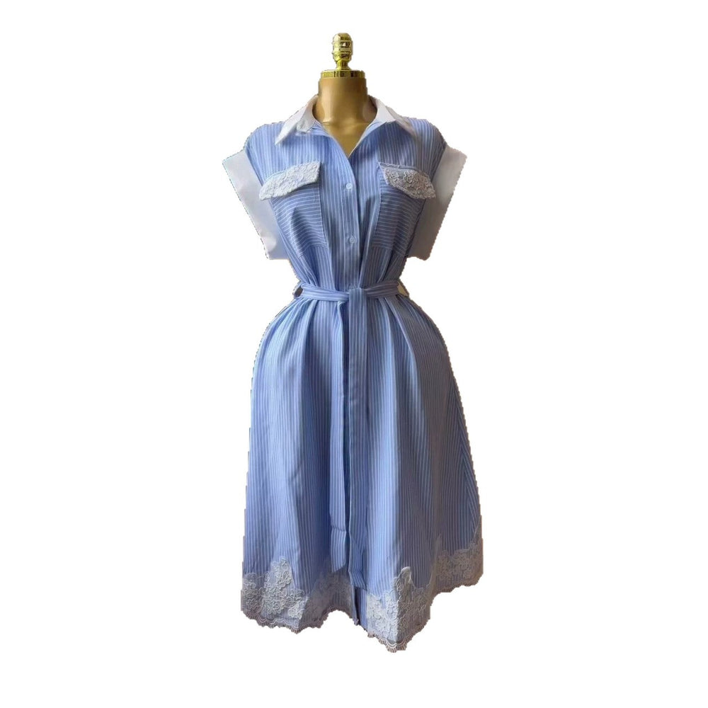 European and american cross-border women's fashion:  summer new collection - striped, turn-down collar, lace-trimmed, cinched-waist shirt dress
