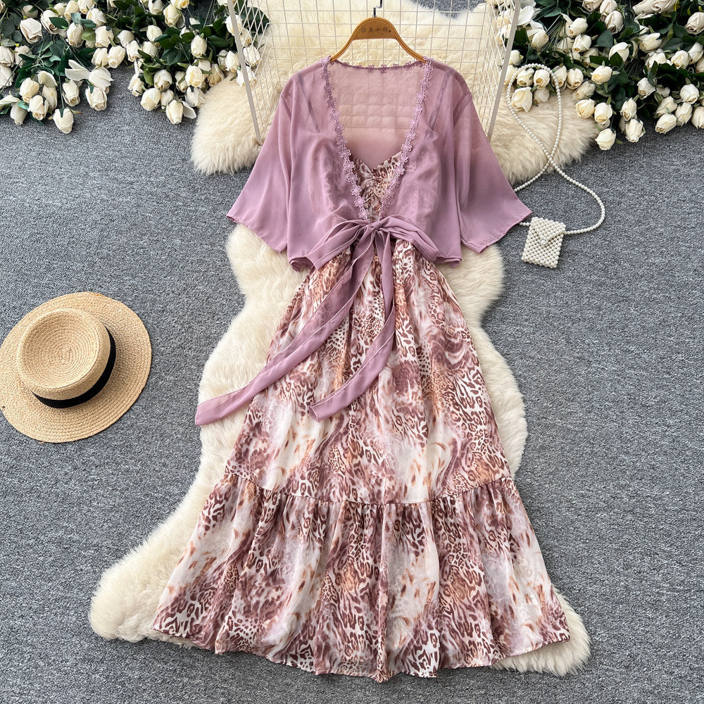 spring new korean style elegant flowing ribbon floral dress women's two-piece set - effortless chic, fashionable workwear