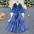 Miya european and american pleated dress for women summerclassyaccessible luxuryv neck bat sleeve waist metal pleated long skirt