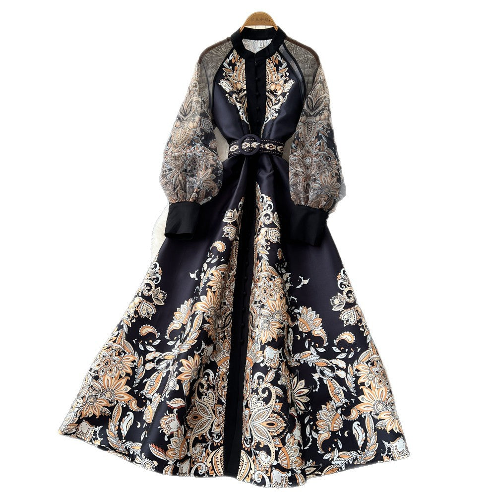 Vintage ethnic lantern sleeve printed dress - women's summer stand collar, slimming a-line maxi dress - elegant & chic
