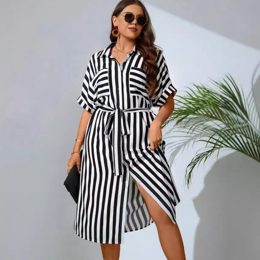 european and american cross-border e-commerce  new spring/summer plus size striped fashionable elegant dress