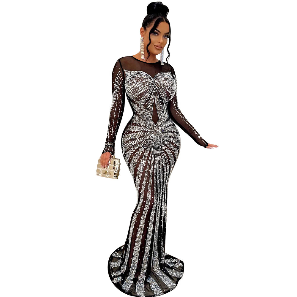C6198   fashion women's solid color mesh see-through rhinestone long sleeve maxi dress