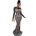 C6198   fashion women's solid color mesh see-through rhinestone long sleeve maxi dress
