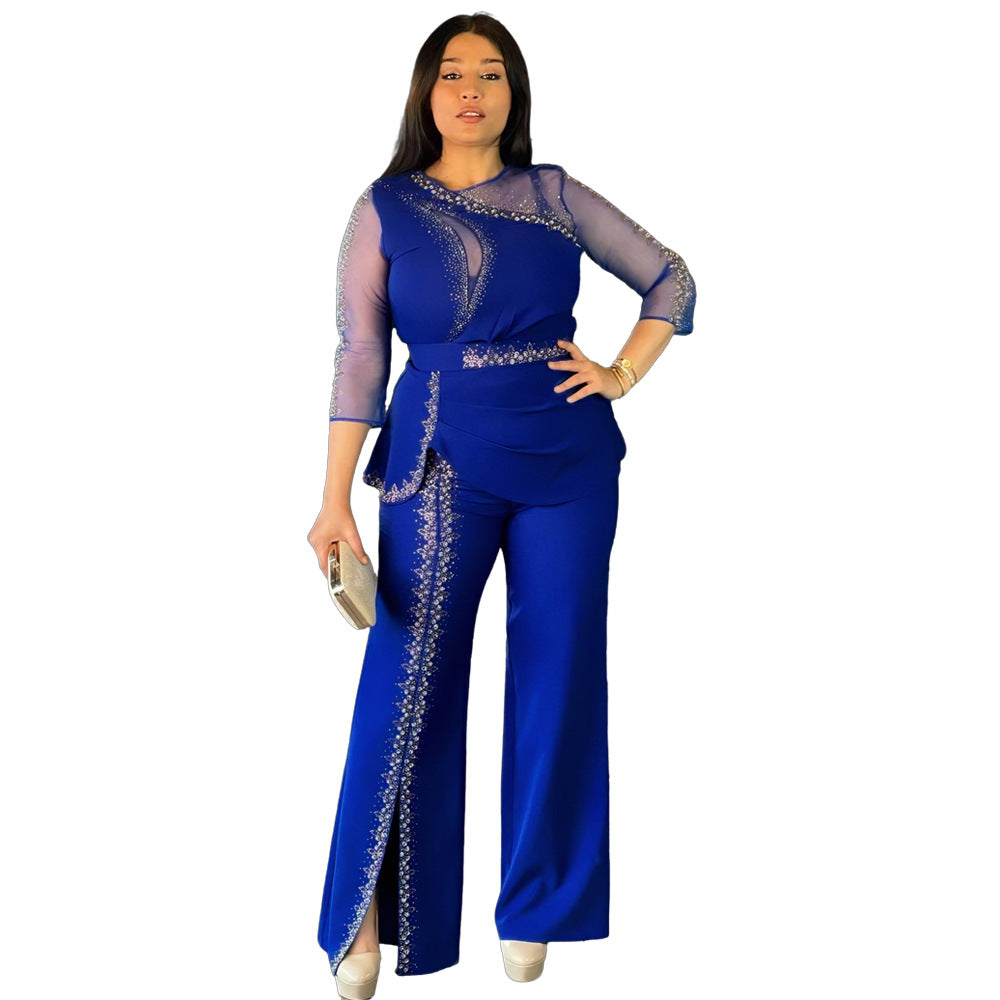 African plus size trendy new women's cross-border long sleeve top + pants two-piece set