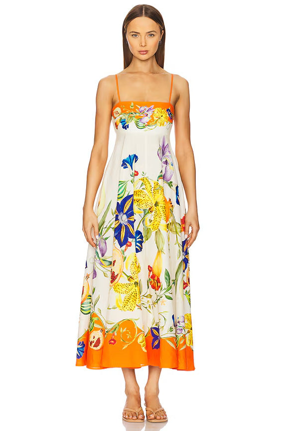 cross-border  women's new elegant high-waisted cotton linen printed camisole casual fashion dress