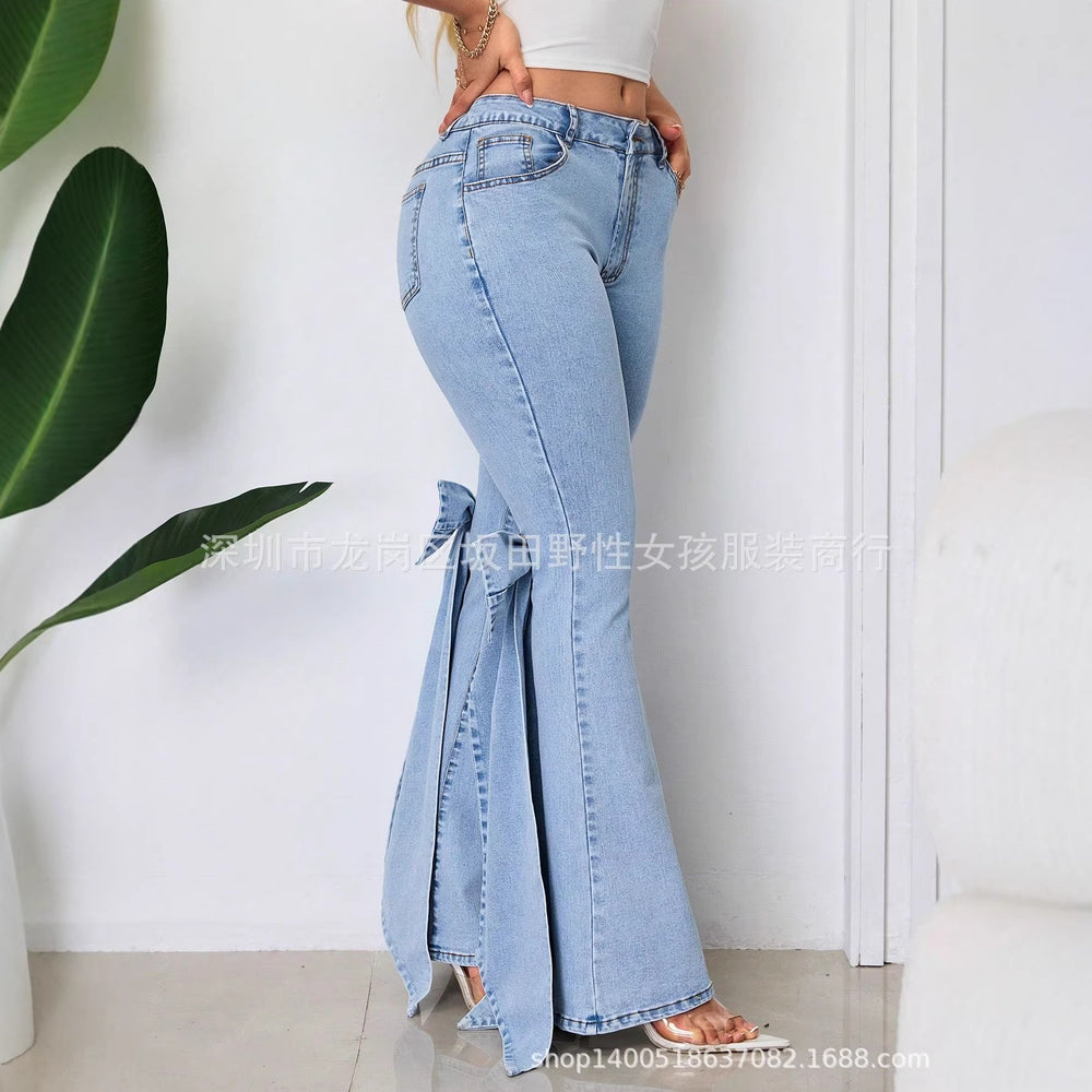 X spot-16065# cross-border european and american retro stereo bow tie slim fit medium stretch floor-length flared denim pants