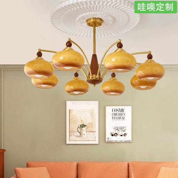 [Wow] Medieval persimmon chandelier cream wind simple glass solid wood study light solid wood retro French chandelier