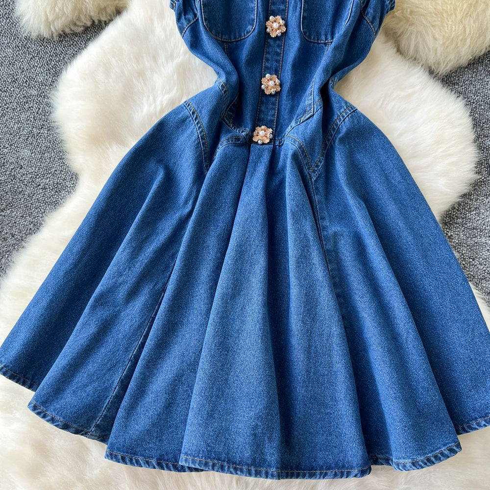 Summernew arrival sleeveless vest denim skirt women's waist slimming look heavy industry beading single-breasted pleated dress