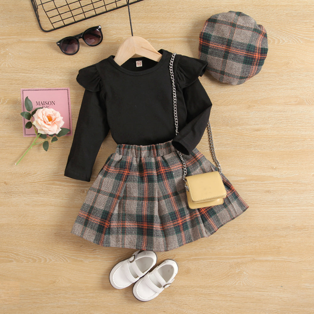 European and american style autumn outfit: girls' ribbed knit pullover top, plaid pleated skirt, and hat three-piece set for cross-border e-commerce