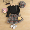 European and american style autumn outfit: girls' ribbed knit pullover top, plaid pleated skirt, and hat three-piece set for cross-border e-commerce