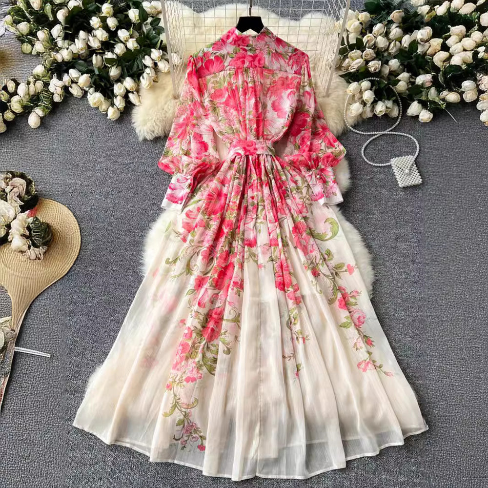 European and american print dress - women's stand collar long sleeve high-end cinched waist tie-up maxi dress - niche french chiffon fairy style