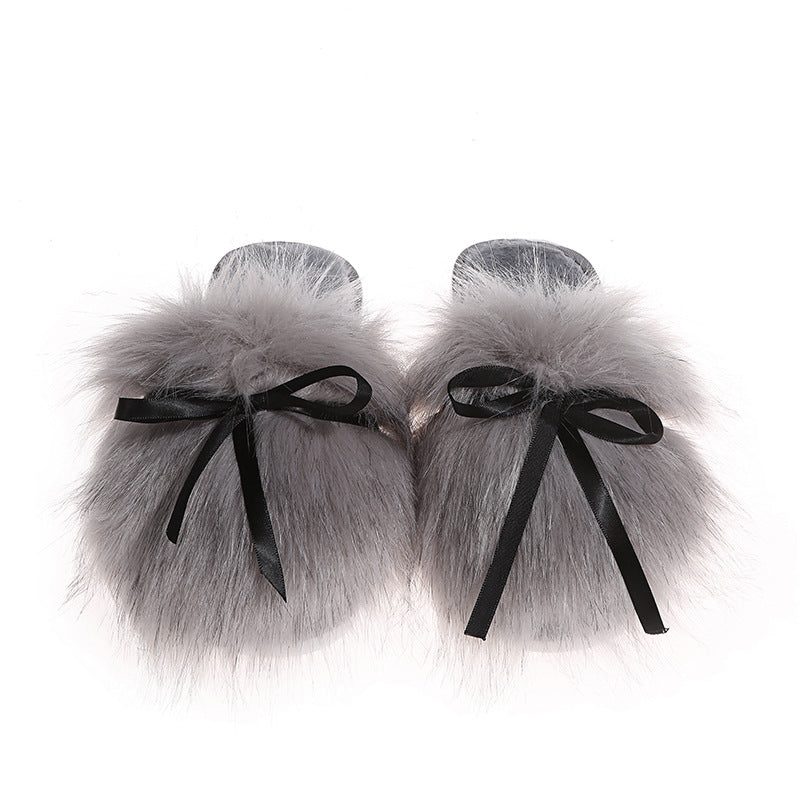 Baotou furry slippers for women outwear2024fall and winternew arrivalbows imitation fox fur fairy style flats cotton slippers