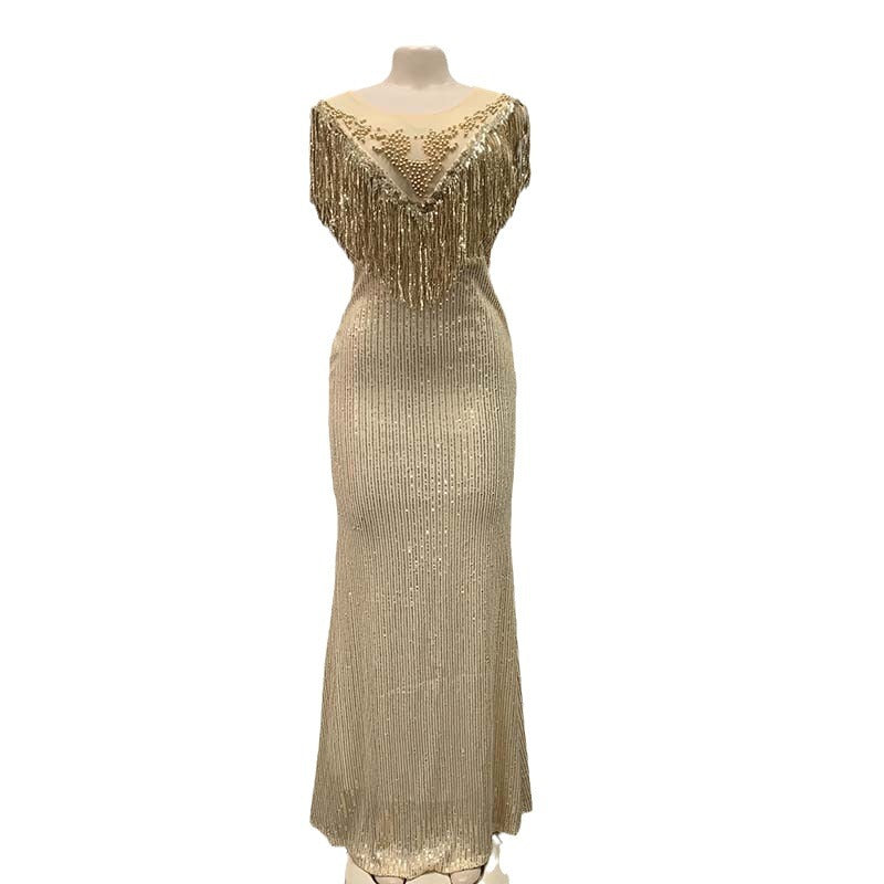 supply  sequin tassel mop long skirt pullover beaded sexy hip-covering elegant evening dress special price