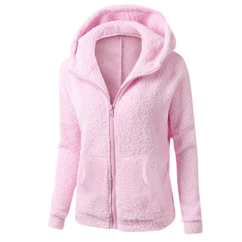women's fashion solid color hoodie - loose fit plush zip-up jacket top
