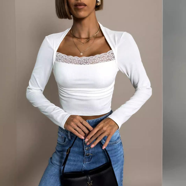 Wish independent station hot sale,  women's short slim lace top, knitted sweater women