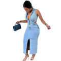 European and american style women's denim dress -  cross-border fashion sexy sleeveless turn-down collar slit dress