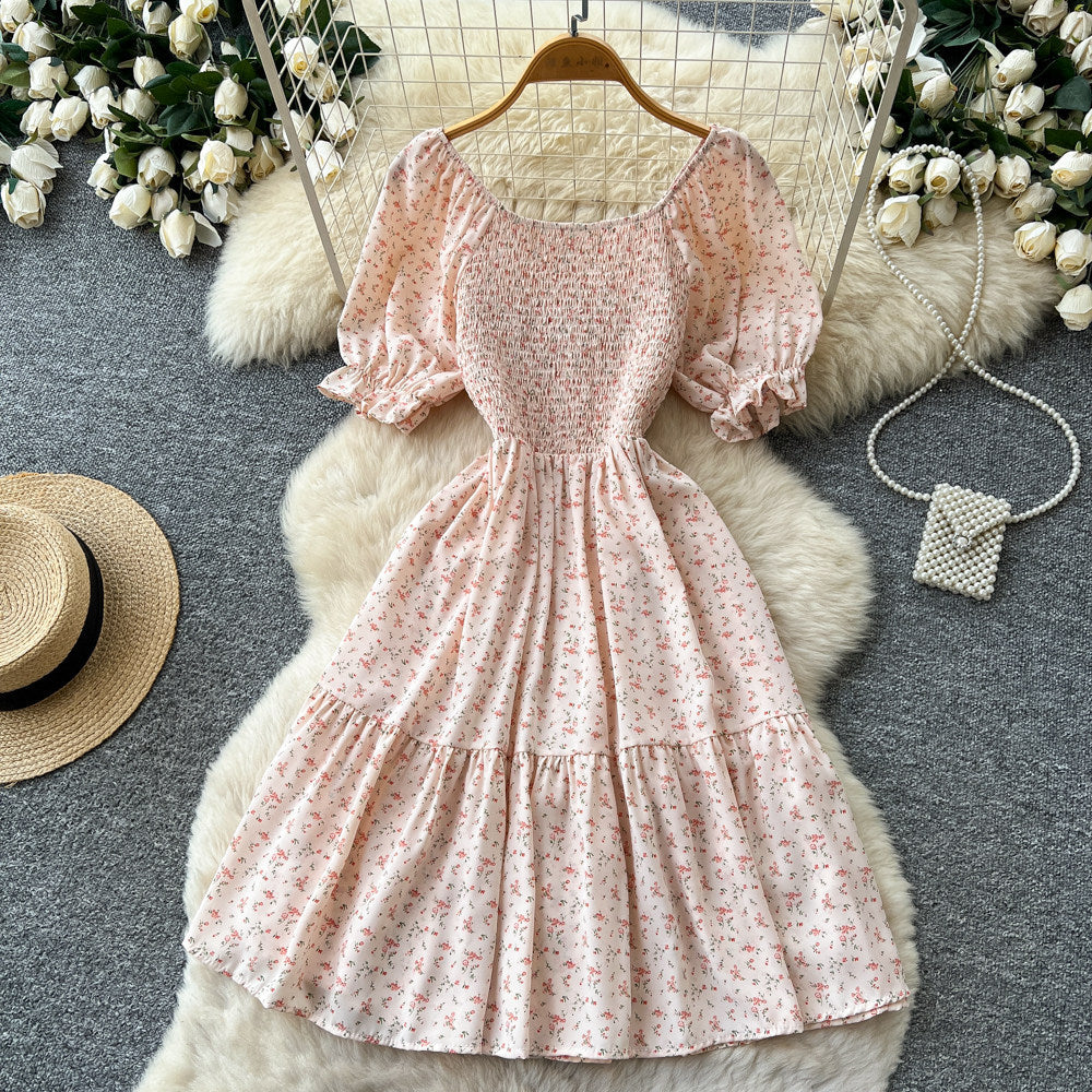 Korean style red floral print shirred waist pleated dress - women's summer puff sleeve square neck high waist a-line dress - romantic & chic