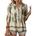 summer bohemian floral short sleeve button-down v-neck ruffle trim babydoll casual loose shirt