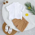 Children's clothingwhite vertical stripes short-sleeved shirt + khaki shorts two-piece set shirt