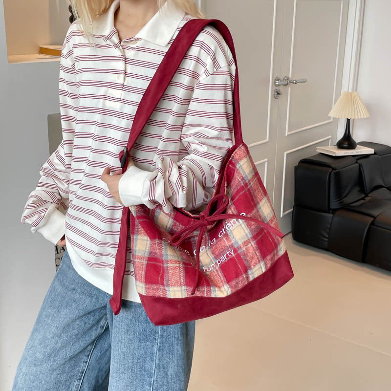 European and american retro plaid bag autumn and winter versatile new double-sided backpack solid color minimalist shoulder bag large capacity tote bag