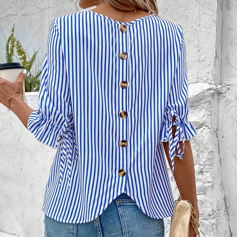 European and american cross-border women's clothing : spring/summer striped cardigan blouse - new loose fit casual women's top