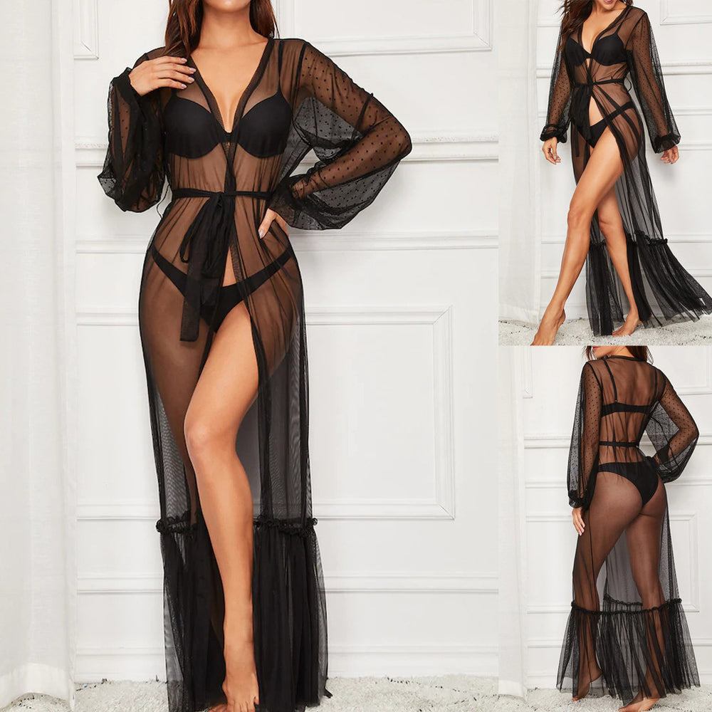 Mingyifang black mesh see-through european and american sexy long lace bathrobe wholesale
