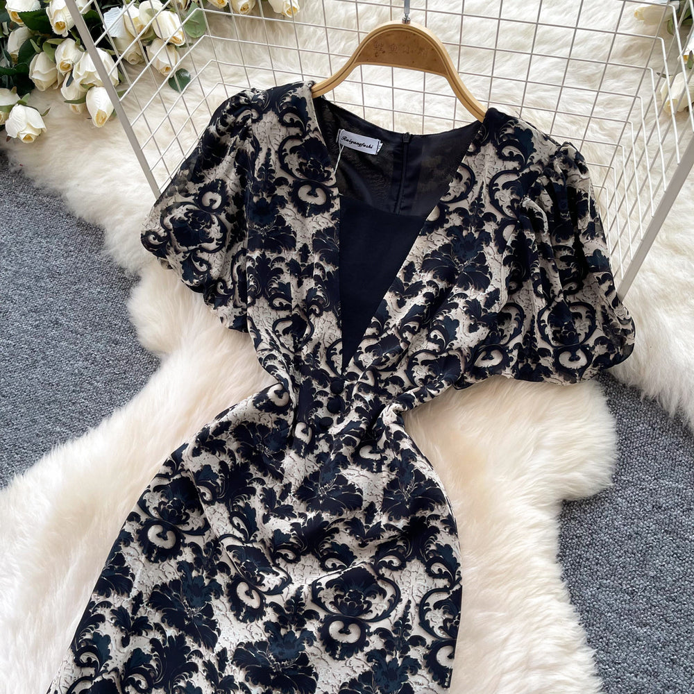 French retro print minimalist dress - women's summer design, v-neck, cinched waist, slim fit maxi dress - commute chic
