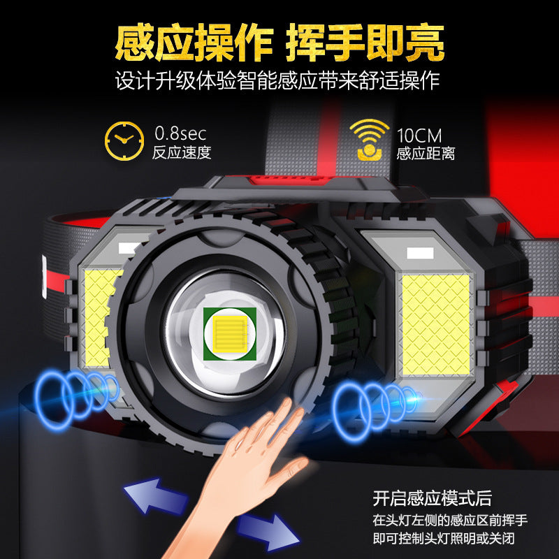 Cross-border new LED rotary zoom T6 strong light headlight, outdoor lighting night fishing light USB charging sensor headlight