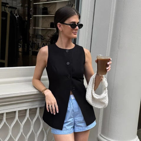 Europe, America summer commuter black crew neck cardigan vest women's design sense slim waist vest  workplace women's clothing