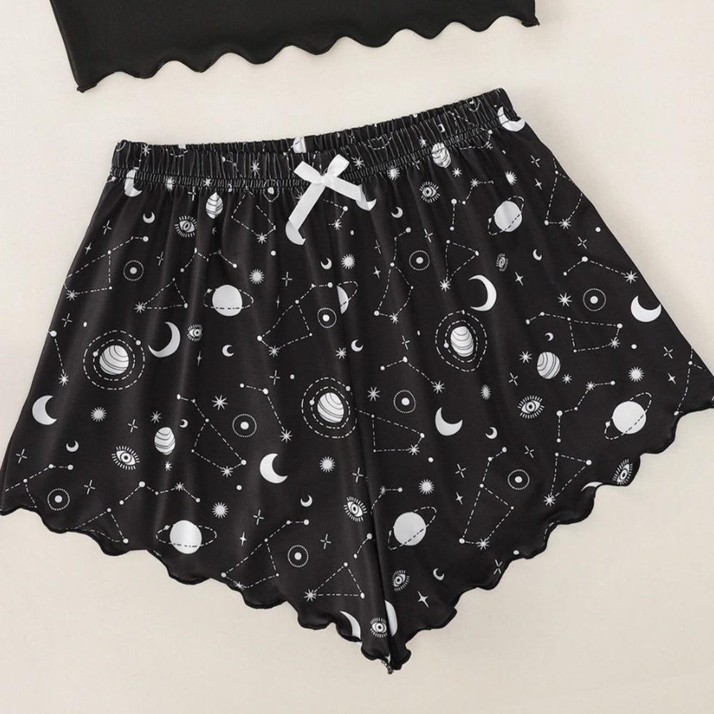 New moon and star print cami top and cosmic starry sky print shorts women's loungewear set