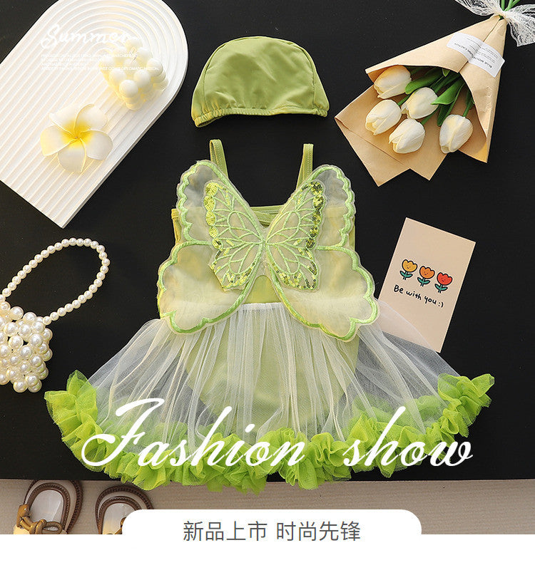 Baby girl swimsuit cute one-piece suspender swimsuit for children and small children hot spring mesh skirt style one-piece swimsuit surfing