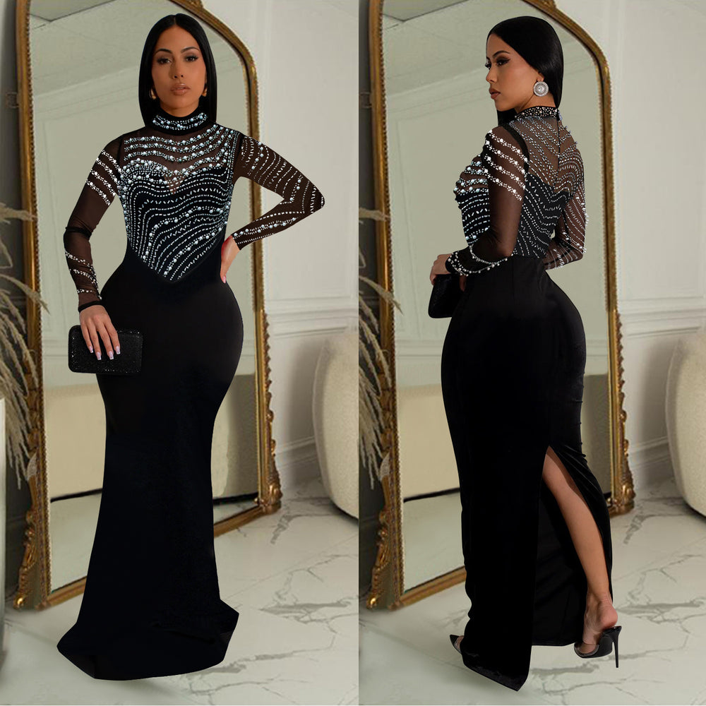 C7043 cross-border   independent station fashionfashion women's solid color hot diamond longdress new