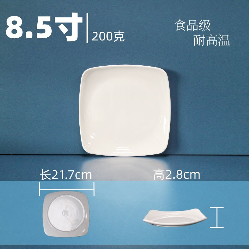 White square melamine dinnerware set - western style plates, fast food plates, covered fried rice/sauce dishes - wholesale for student cafeterias and dining halls