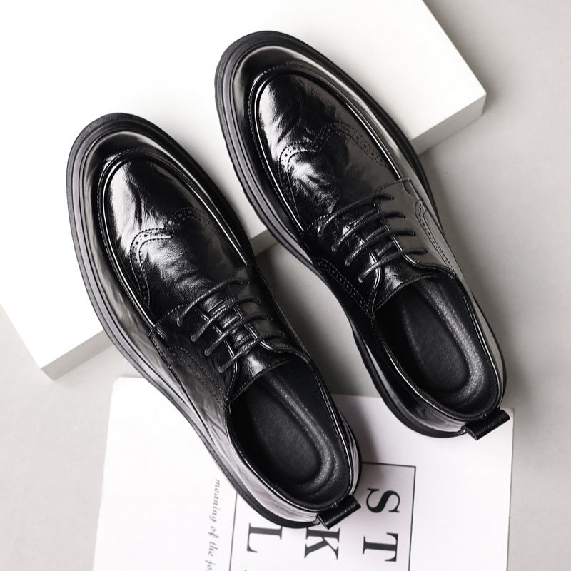 Men's leather dress shoes - new business formal brogue style - british casual - black - live stream wedding groom shoes