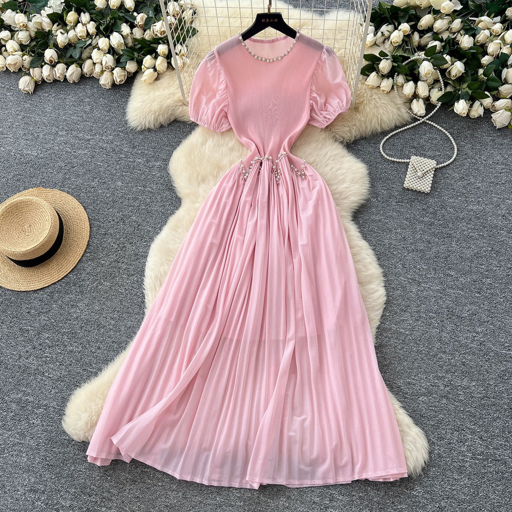 French-style heavy beaded and rhinestone embellished round neck puff sleeve dress - women's  summer cinched waist elegant pleated maxi dress