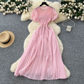 French-style heavy beaded and rhinestone embellished round neck puff sleeve dress - women's  summer cinched waist elegant pleated maxi dress