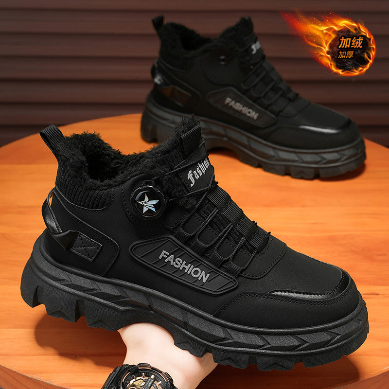 Winter men's shoes 2025 new fleece-lined warm swivel buckle high-top sneakers outdoor work boots martin boots cotton shoes