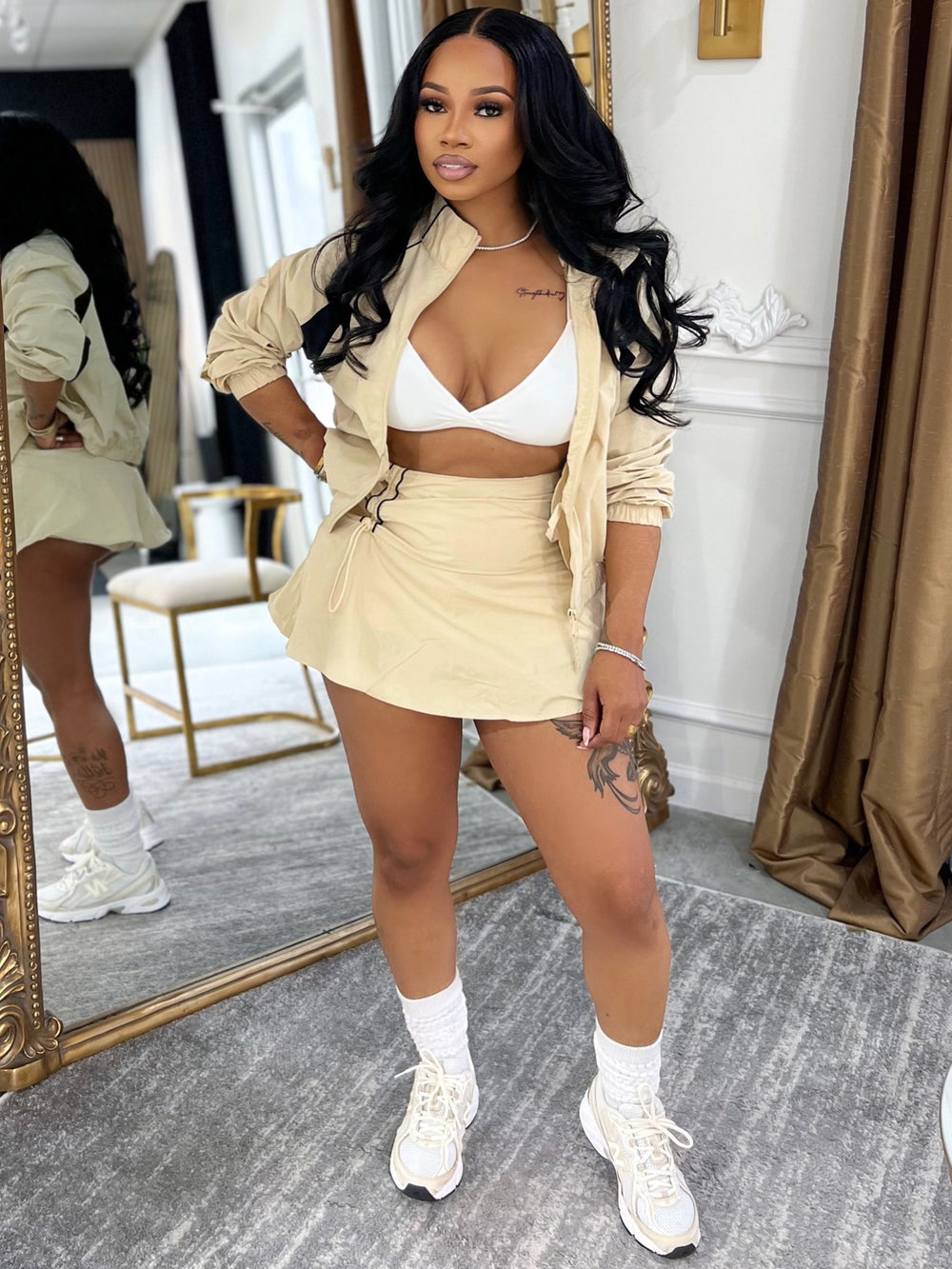 Long sleeves zipper contrast color stand collar jacket drawstring pleated culottes women's two-piece settwo-piece set outfit