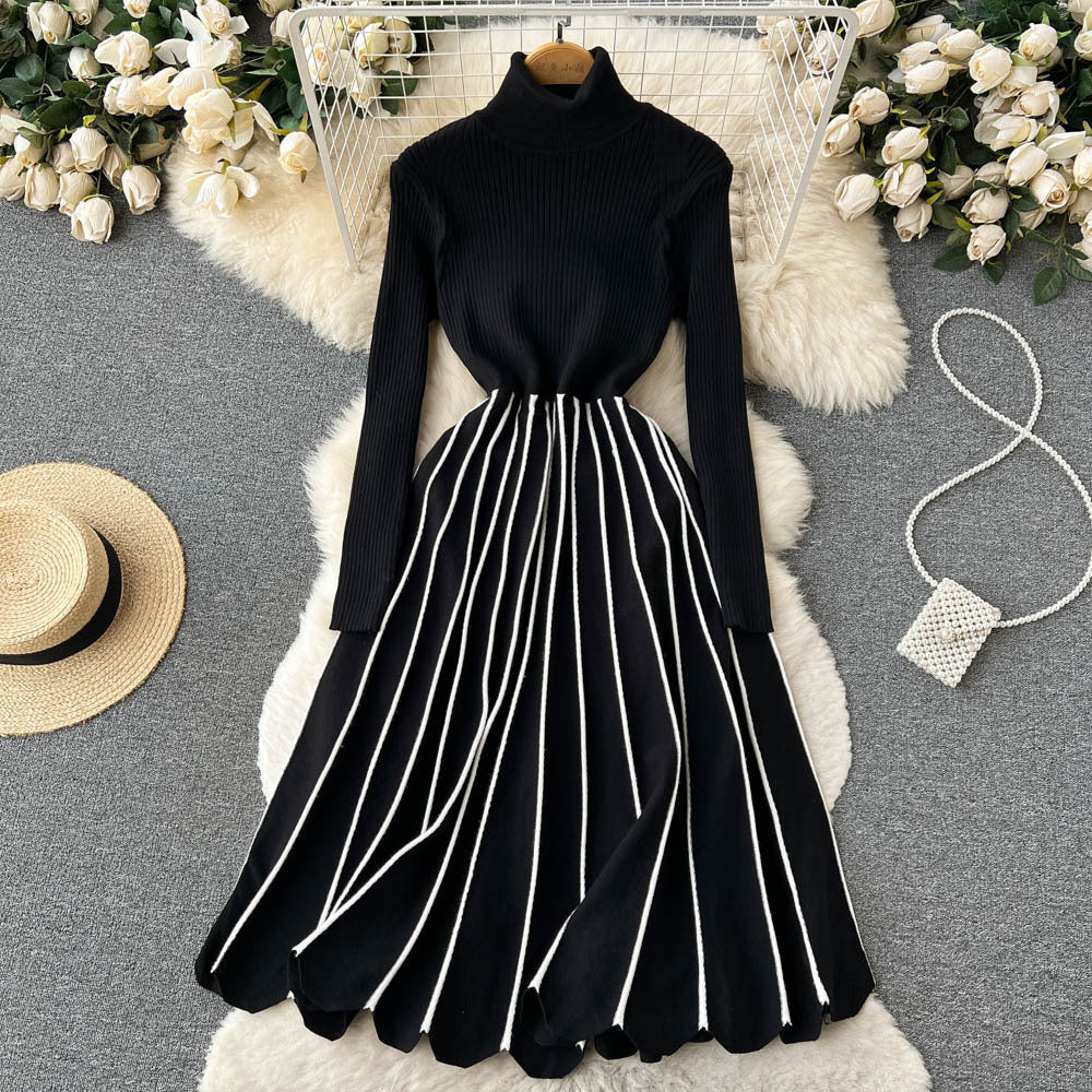 Fall and winternew arrivalhigh collarthickened inner layer bottomsense of designstripespleated knittingdress women's knee-length long skirt trendy